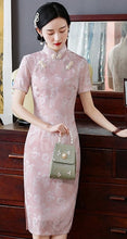 Load image into Gallery viewer, Short Sleeve Floral Fancy Cotton Retro Cheongsam Knee Length Chinese Dress
