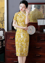 Load image into Gallery viewer, Short Sleeve Floral Fancy Cotton Retro Cheongsam Knee Length Chinese Dress
