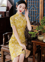 Load image into Gallery viewer, Short Sleeve Floral Fancy Cotton Retro Cheongsam Knee Length Chinese Dress
