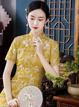 Load image into Gallery viewer, Short Sleeve Floral Fancy Cotton Retro Cheongsam Knee Length Chinese Dress
