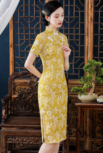 Load image into Gallery viewer, Short Sleeve Floral Fancy Cotton Retro Cheongsam Knee Length Chinese Dress
