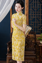 Load image into Gallery viewer, Short Sleeve Floral Fancy Cotton Retro Cheongsam Knee Length Chinese Dress
