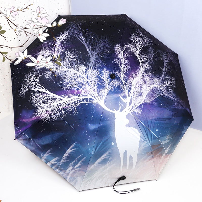 Mystery Elk Chinese Ink Painting Oriental Folding Umbrella