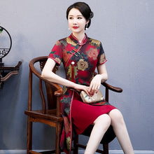 Load image into Gallery viewer, Short Sleeve Cheongsam Top Knee Length Floral Ao Dai Dress with Tassel
