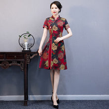 Load image into Gallery viewer, Short Sleeve Cheongsam Top Knee Length Floral Ao Dai Dress with Tassel
