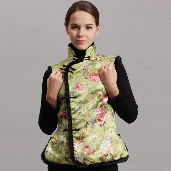 Fur Edge Floral Brocade Chinese Waistcoat with Strap Buttons