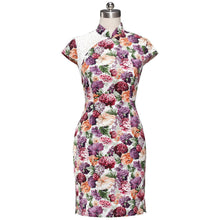 Load image into Gallery viewer, Knee Length Cotton Cheongsam Floral Chinese Dress with Lace Shoulder
