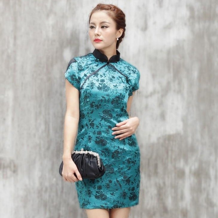 Cap Sleeve Brocade Cheongsam Floral Chinese Dress