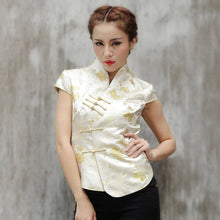 Load image into Gallery viewer, V Neck Asymmetric Hem Brocade Chinese Shirt with Strap Buttons
