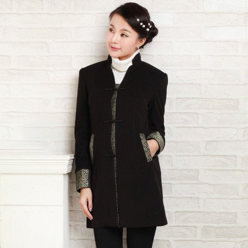 V Neck Wool Blend Chinese Style Jacket