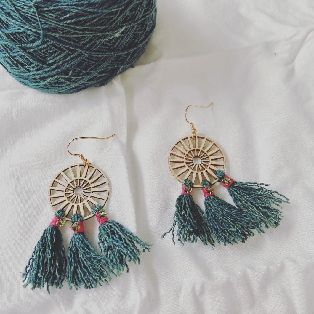 Naturally Dyed Yarn Earrings (Green A)