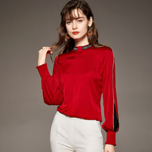 Muatkan imej ke dalam penonton Galeri, 97% Silk 3% Spandex Women&#39;s Shirt Stand Collar Beaded Long Piping Lantern Sleeves Fashion Pullover Blouse Camisa Tops
