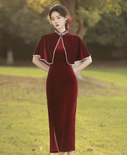 Load image into Gallery viewer, Plain pattern, velvet fabric long Qipao with clock shawl
