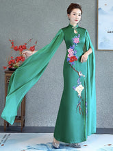 Load image into Gallery viewer, Floral embroidery, acetate long  Qipao with water sleeve
