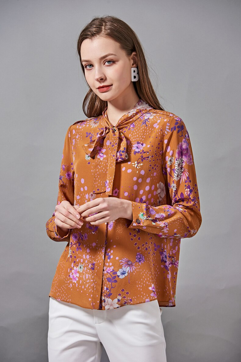 100% Natural Silk Women's Shirt Bow Collar Long Sleeves Floral Printed Fashion Blouse Camisa Tops