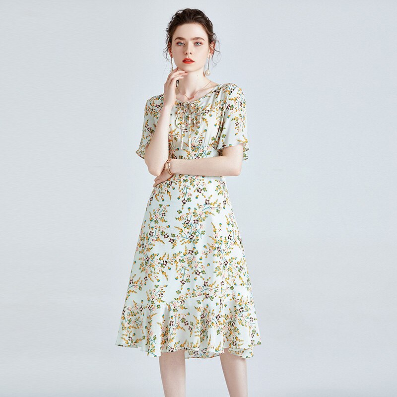 100% Silk Women's Runway Dresses Lace Up Bow Collar Short Sleeves Ruffles Printed Fashion Casual Summer Dresses