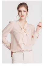 Load image into Gallery viewer, 100% Silk Women&#39;s Shirt Bow Collar Long Sleeves Elegant Casual High Street Blouse Shirt
