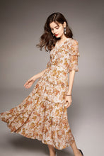 Muatkan imej ke dalam penonton Galeri, 100% Natural Silk Women&#39;s Dresses Sexy V Neck Short Sleeves Beaded Ruffles Printed Mid Summer Holiday Dress Vestidos
