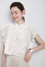 Muatkan imej ke dalam penonton Galeri, 100% Silk Women&#39;s Shirt O Neck Short Flare Sleeves Ruffles Fashion Casual Blouse Tops
