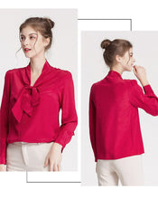 Load image into Gallery viewer, 100% Silk Women&#39;s Shirt Bow Collar Long Sleeves Elegant Casual High Street Blouse Shirt
