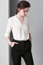 Load image into Gallery viewer, 100% Pure Silk Shirts Women&#39;s Sexy V Neck 3/4 Sleeves Fashion Casual Blouse Camisa Tops
