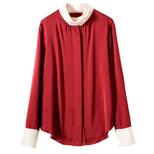 Muatkan imej ke dalam penonton Galeri, 100% Heavy Silk Women&#39;s Shirt Stand Collar Long Sleeves  Color Block Elegant Casual High Quality Blouse Tops
