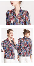 Load image into Gallery viewer, 100% Silk Women&#39;s Blouse V Neck Sashes Floral Printed 3/4 Sleeves Fashion Pullover Shirt Tops
