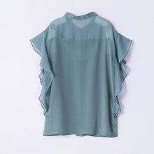 Muatkan imej ke dalam penonton Galeri, 100% Silk Women&#39;s Shirt O Neck Short Flare Sleeves Ruffles Fashion Casual Blouse Tops
