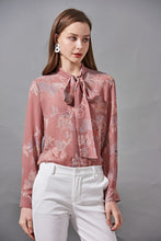 Load image into Gallery viewer, 100% Silk Women&#39;s Shirt Bow Collar Long Sleeves Floral Printed Fashion Blouse Camisa Tops
