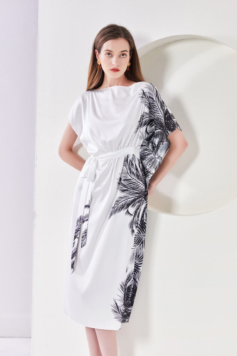 100% Silk Women's Dress Slash Neckline Batwing Sleeves Printed Sash Belt Fashion Loose Design Short Dresses