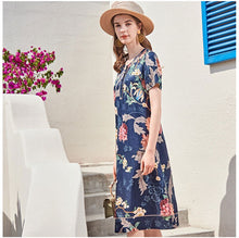 Load image into Gallery viewer, 100% Silk Women&#39;s Runway Dresses O Neck Short Sleeves Floral Printed Fashion Short Summer Dresses
