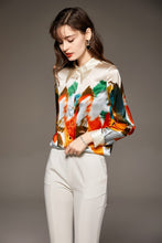 Muatkan imej ke dalam penonton Galeri, 100% Silk Women&#39;s Shirt Turn Down Collar Long Sleeves Printed Elegant Fashion Camisa Blouse Tops
