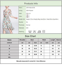 Load image into Gallery viewer, 100% Natural Silk Women&#39;s Dresses V Neck Short Sleeves Printed Sash Belt Fashion Summer Dress Vestidos
