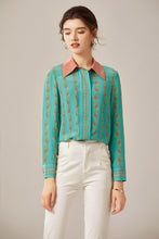 Muatkan imej ke dalam penonton Galeri, 100% Silk Women&#39;s Shirt Turn Down Collar Printed Long Sleeves Fashion Blouse Tops
