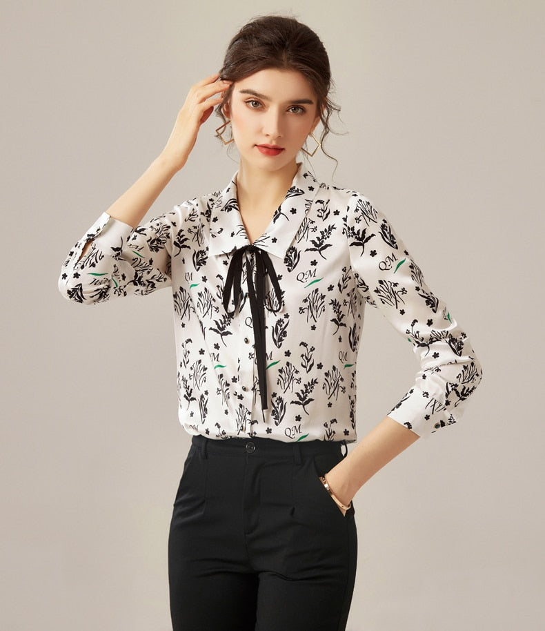 100% Silk Women's Shirt Turn Down Collar Lace Up Printed Long Sleeves Fashion Casual Blouse Tops