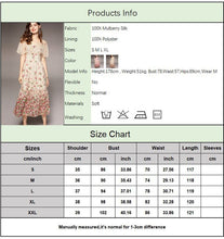 Load image into Gallery viewer, 100% Natural Silk Women&#39;s Dresses V Neck Short Sleeves Ruffles Printed Casual Mid Calf Dress Vestidos
