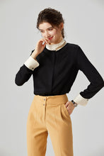 Muatkan imej ke dalam penonton Galeri, 100% Heavy Silk Women&#39;s Shirt Stand Collar Long Sleeves  Color Block Elegant Casual High Quality Blouse Tops
