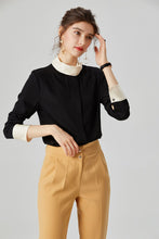 Muatkan imej ke dalam penonton Galeri, 100% Heavy Silk Women&#39;s Shirt Stand Collar Long Sleeves  Color Block Elegant Casual High Quality Blouse Tops
