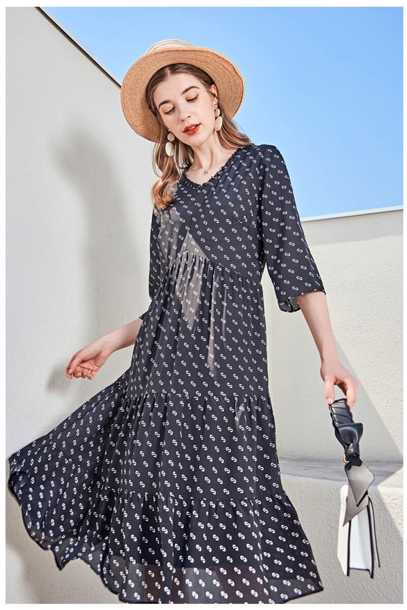 100% Silk Women's Runway Dresses V Neck 3/4 Sleeves Printed Ruffles Ruched Fashion Holiday Dresses