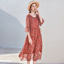 Load image into Gallery viewer, 100% Silk Women&#39;s Runway Dresses O Neck Half Sleeves Ruched Printed Fashion Holiday Dresses
