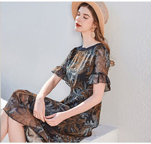 Load image into Gallery viewer, 100% Silk Women&#39;s Runway Dresses O Neck Short Sleeves Ruffles Printed Fashion Summer Holiday Dresses
