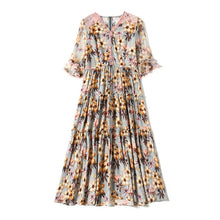 Muatkan imej ke dalam penonton Galeri, 100% Natural Silk Women&#39;s Dresses Sexy V Neck Half Sleeves Lace Patchwork Floral Printed Ruffles Fashion Mid Summer Dress
