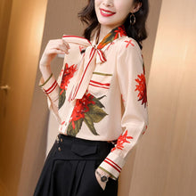 Muatkan imej ke dalam penonton Galeri, 100% Silk Women&#39;s Shirt Turn Down Collar Lace Up Bow Floral Printed Striped Fashion Casual Blouse Tops
