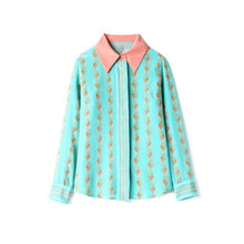 Muatkan imej ke dalam penonton Galeri, 100% Silk Women&#39;s Shirt Turn Down Collar Printed Long Sleeves Fashion Blouse Tops
