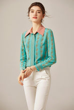 Muatkan imej ke dalam penonton Galeri, 100% Silk Women&#39;s Shirt Turn Down Collar Printed Long Sleeves Fashion Blouse Tops
