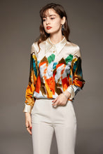 Load image into Gallery viewer, 100% Silk Women&#39;s Shirt Turn Down Collar Long Sleeves Printed Elegant Fashion Camisa Blouse Tops
