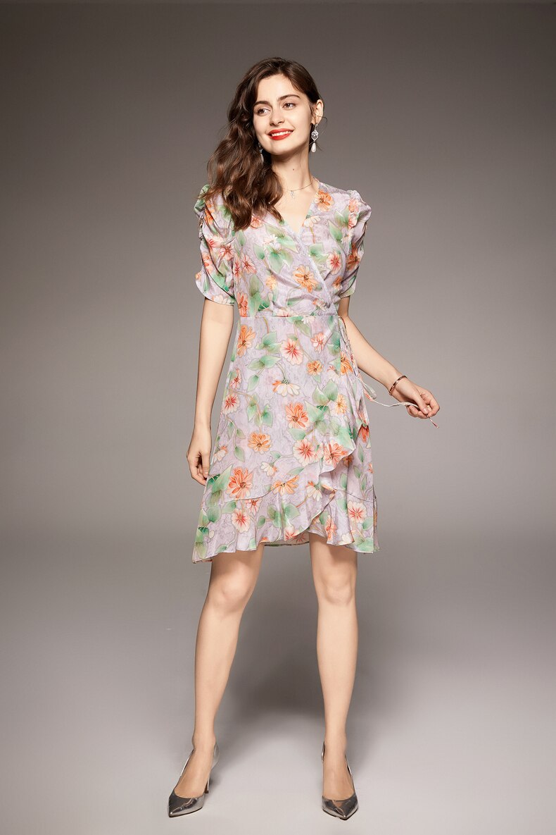 100% Natural Silk Women's Dresses V Neck Short Sleeves Draped Floral Printed Fashion Summer Dress Vestidos