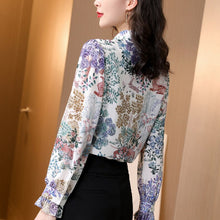 Load image into Gallery viewer, 100% Silk Women&#39;s Shirt Lace Up Bow Collar Long Sleeves Printed Elegant Blouse Fashion Tops
