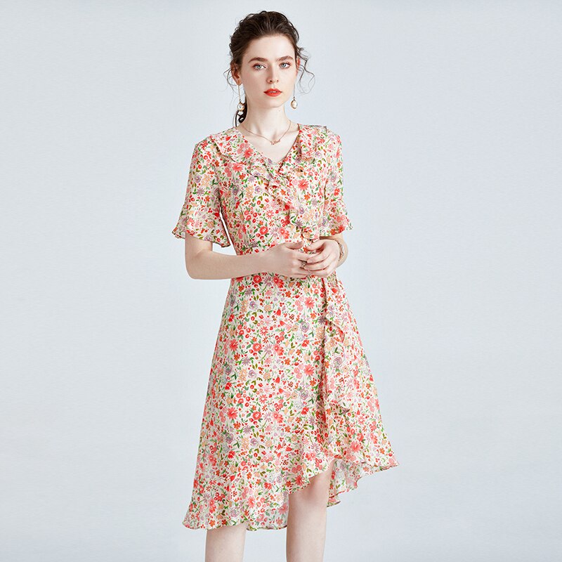 100% Silk Women's Runway Dresses Sexy V Neck Short Flare Sleeves Ruffles Floral Printed Asymmetrical Fashion Casual Dresses