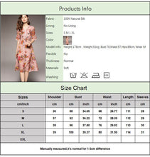 Load image into Gallery viewer, 100% Natural Silk Women&#39;s Dresses Sexy V Neck Short Sleeves Lace Piping Printed Ruffles Fashion Summer Mid Dress Vestidos
